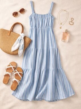 NWT Steve Madden Small Blue Stripe Midi Sundress Smocked Bodice